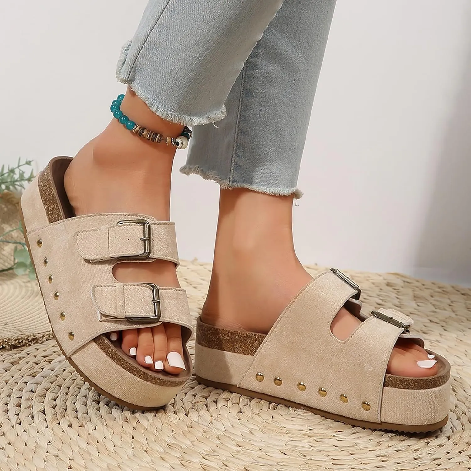 Women's Sandals Flatform Studded Comfort Flat Sandals Women Fashion Double-Buckle Open Toe Slip On Slippers