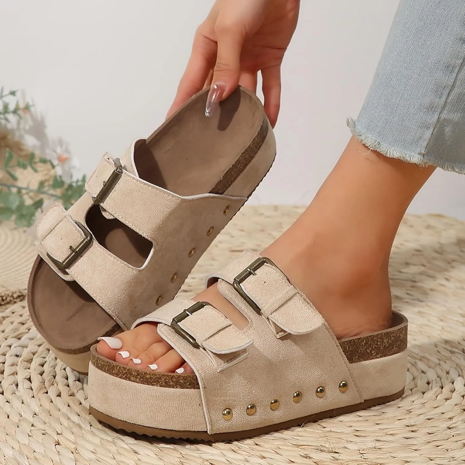 Women's Sandals Flatform Studded Comfort Flat Sandals Women Fashion Double-Buckle Open Toe Slip On Slippers