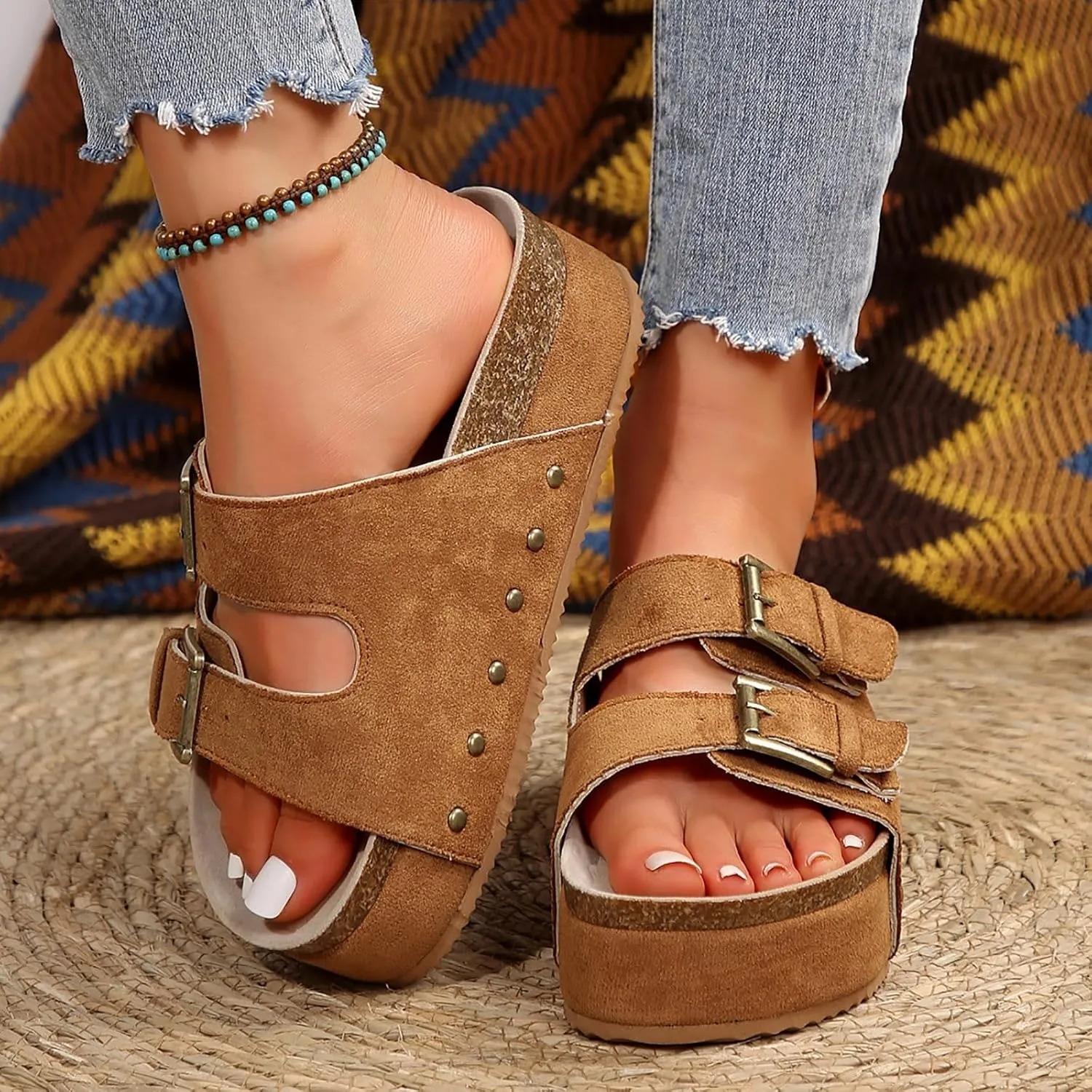 Women's Sandals Flatform Studded Comfort Flat Sandals Women Fashion Double-Buckle Open Toe Slip On Slippers