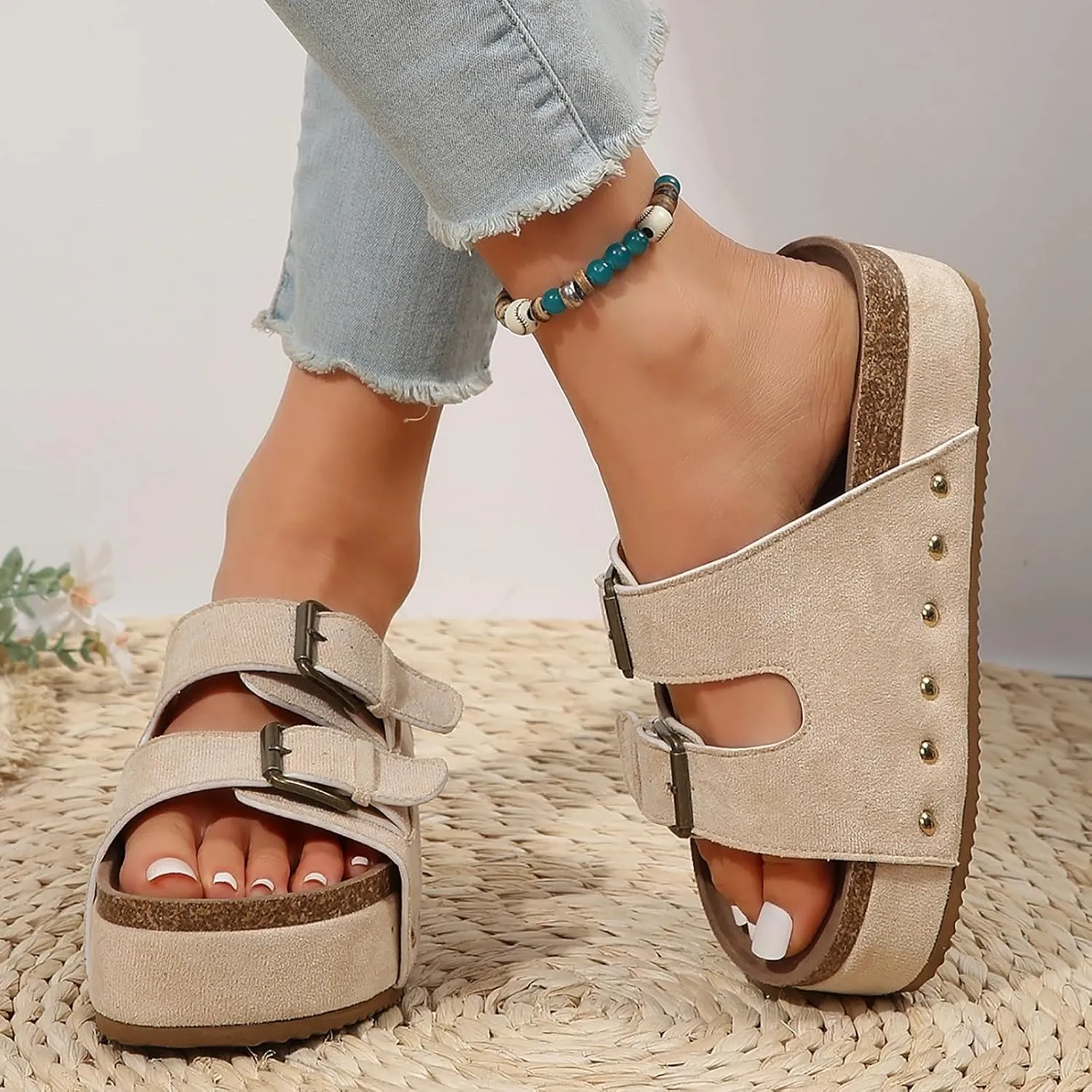 Women's Sandals Flatform Studded Comfort Flat Sandals Women Fashion Double-Buckle Open Toe Slip On Slippers