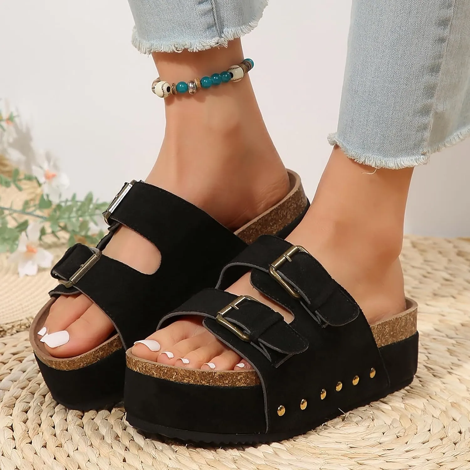 Women's Sandals Flatform Studded Comfort Flat Sandals Women Fashion Double-Buckle Open Toe Slip On Slippers