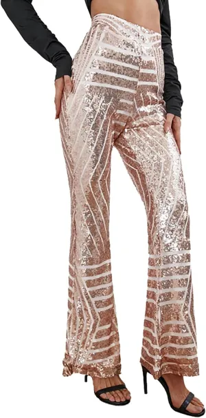 Womens Sequin Flare Pant Women Sequins Wide Leg Pants Fashion Shiny Hight Waist Flared High Waist Shiny Sequin