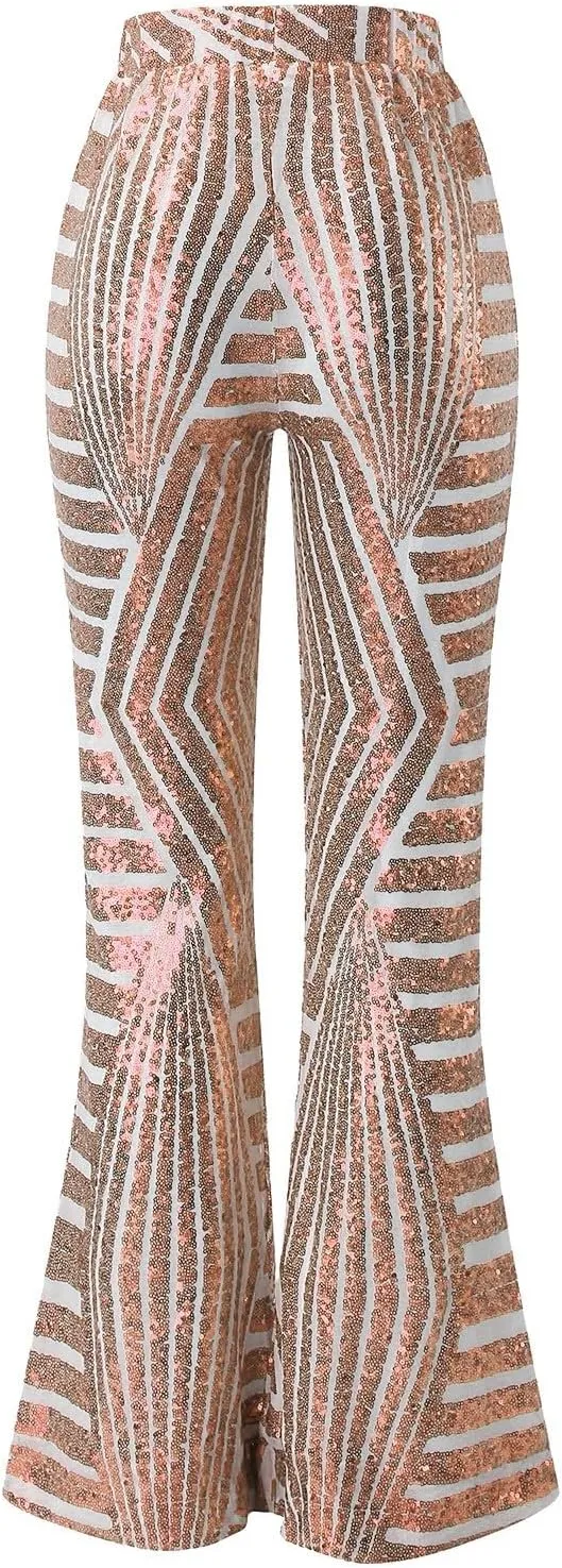 Womens Sequin Flare Pant Women Sequins Wide Leg Pants Fashion Shiny Hight Waist Flared High Waist Shiny Sequin