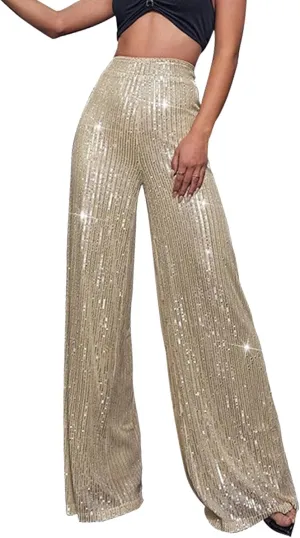 Womens Sequin Flare Pant Women's High Waisted Sequin Loose Drape Wide Leg Pants Fashion Casual Lounge Workout