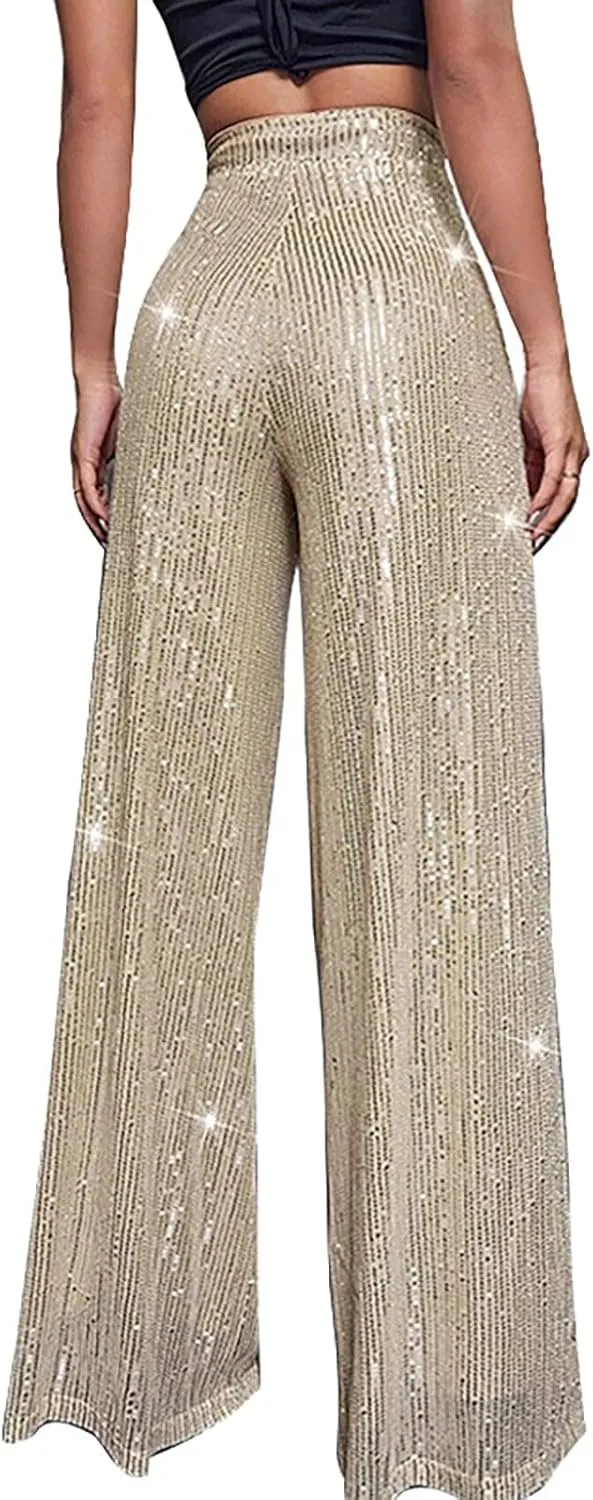 Womens Sequin Flare Pant Women's High Waisted Sequin Loose Drape Wide Leg Pants Fashion Casual Lounge Workout