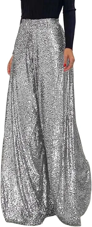 Womens Sequin Flare Pants Women Solid Casual Sequin Pocket Wide Leg Pants Zipper Loose Pants Night Out Clubwear