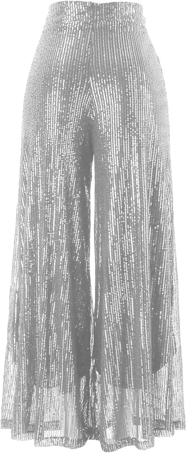 Womens Sequin Flare Pants Women Solid Casual Sequin Pocket Wide Leg Pants Zipper Loose Pants Night Out Clubwear