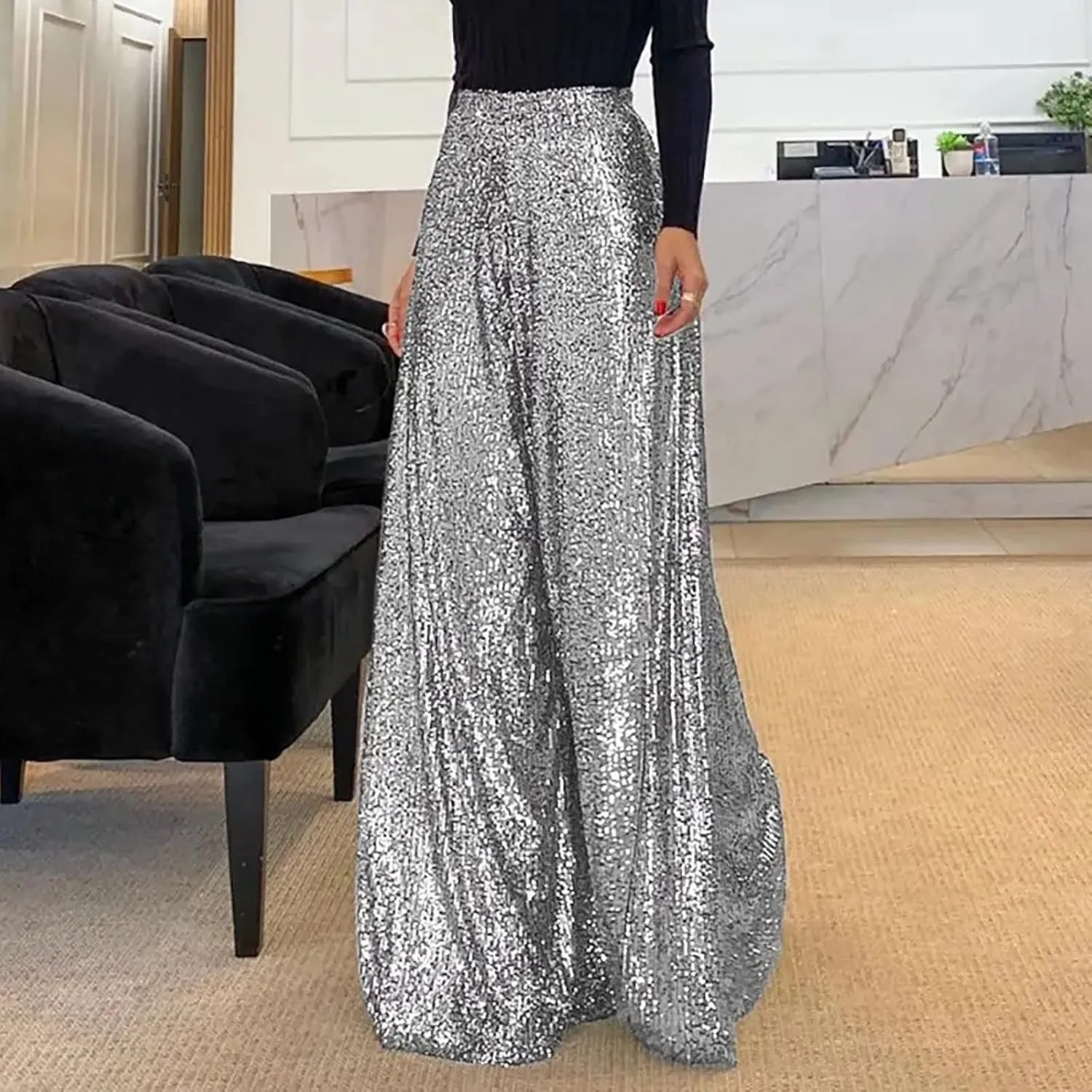 Womens Sequin Flare Pants Women Solid Casual Sequin Pocket Wide Leg Pants Zipper Loose Pants Night Out Clubwear