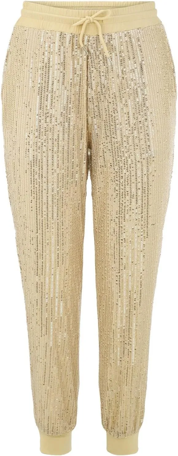 Womens Sequin Jogging Pants High Waist Drawstring Sweatpants Elastic Waist Loose Fit Shimmer Trousers with Pockets