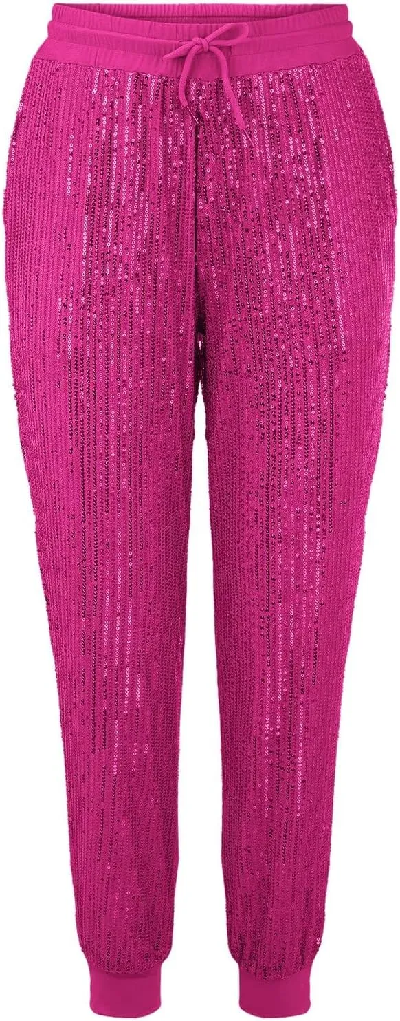 Womens Sequin Jogging Pants High Waist Drawstring Sweatpants Elastic Waist Loose Fit Shimmer Trousers with Pockets