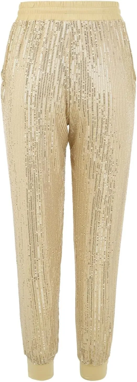 Womens Sequin Jogging Pants High Waist Drawstring Sweatpants Elastic Waist Loose Fit Shimmer Trousers with Pockets