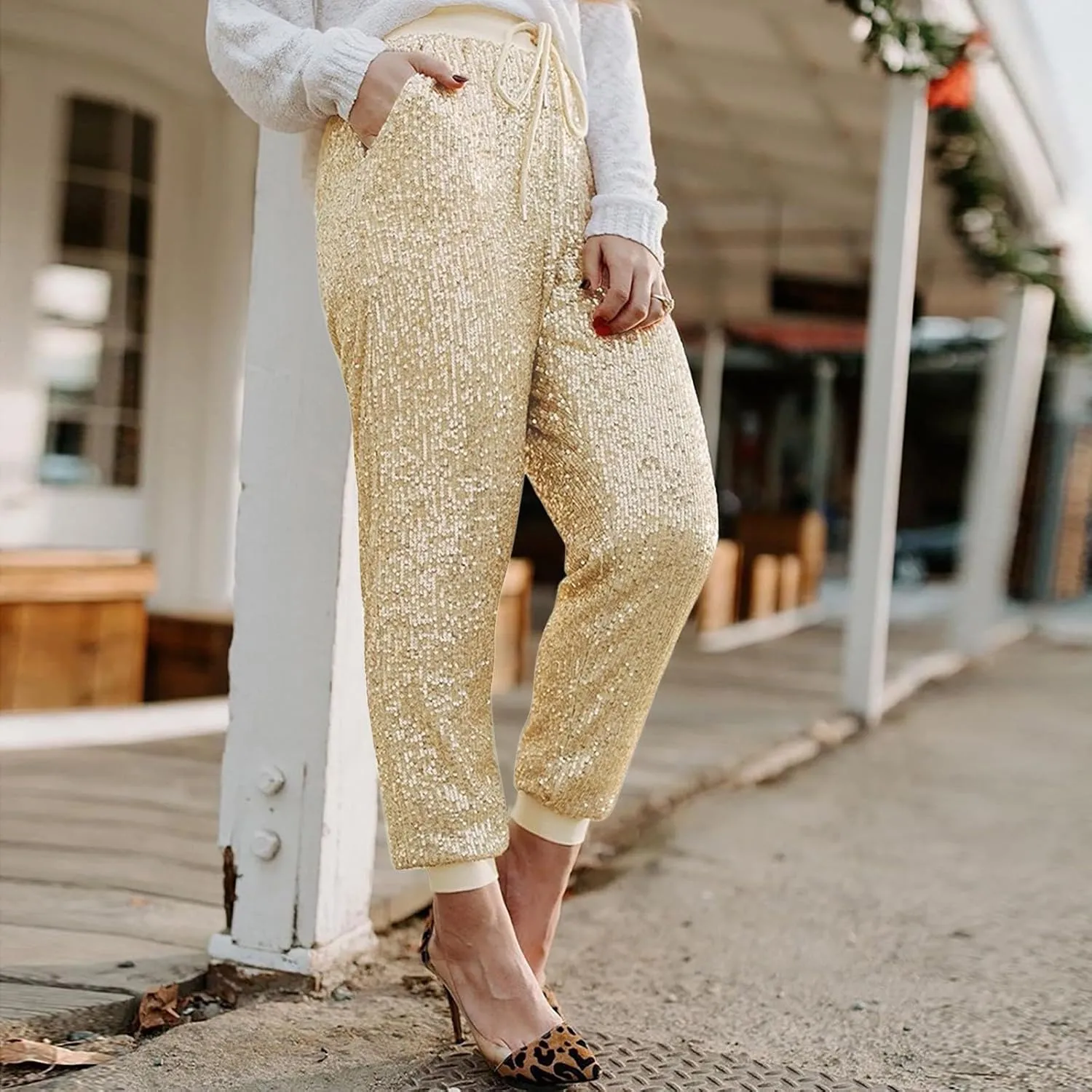 Womens Sequin Jogging Pants High Waist Drawstring Sweatpants Elastic Waist Loose Fit Shimmer Trousers with Pockets