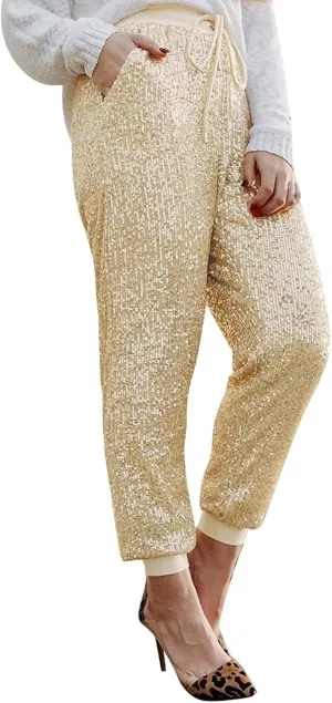 Womens Sequin Jogging Pants High Waist Drawstring Sweatpants Elastic Waist Loose Fit Shimmer Trousers with Pockets