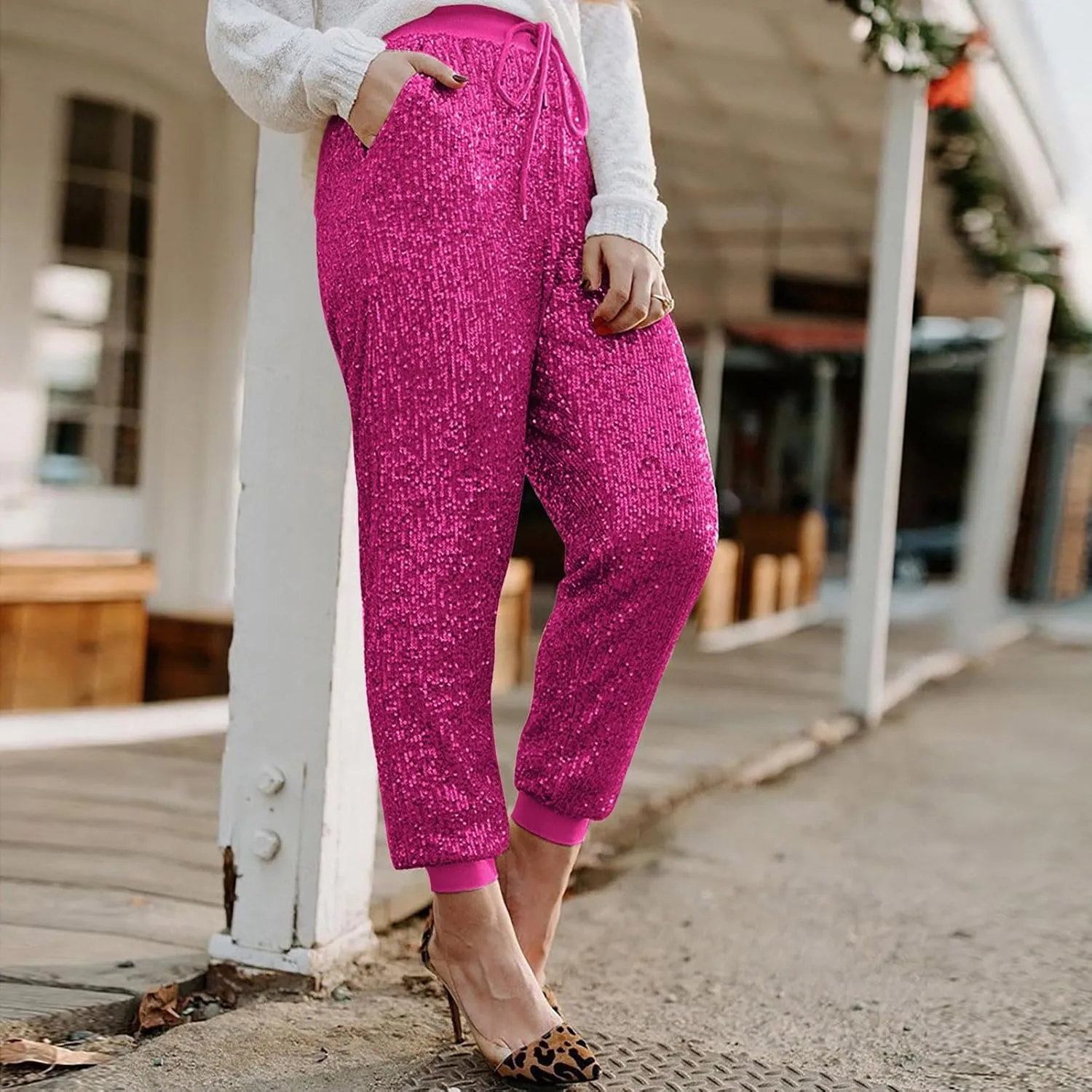 Womens Sequin Jogging Pants High Waist Drawstring Sweatpants Elastic Waist Loose Fit Shimmer Trousers with Pockets