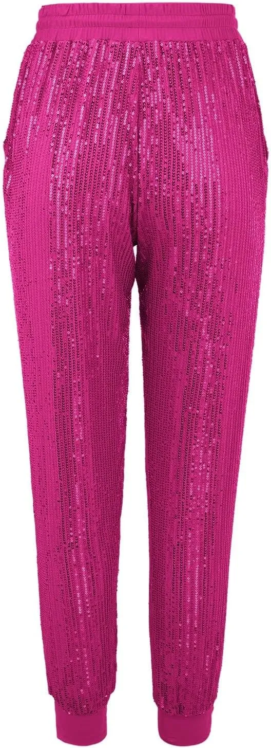 Womens Sequin Jogging Pants High Waist Drawstring Sweatpants Elastic Waist Loose Fit Shimmer Trousers with Pockets