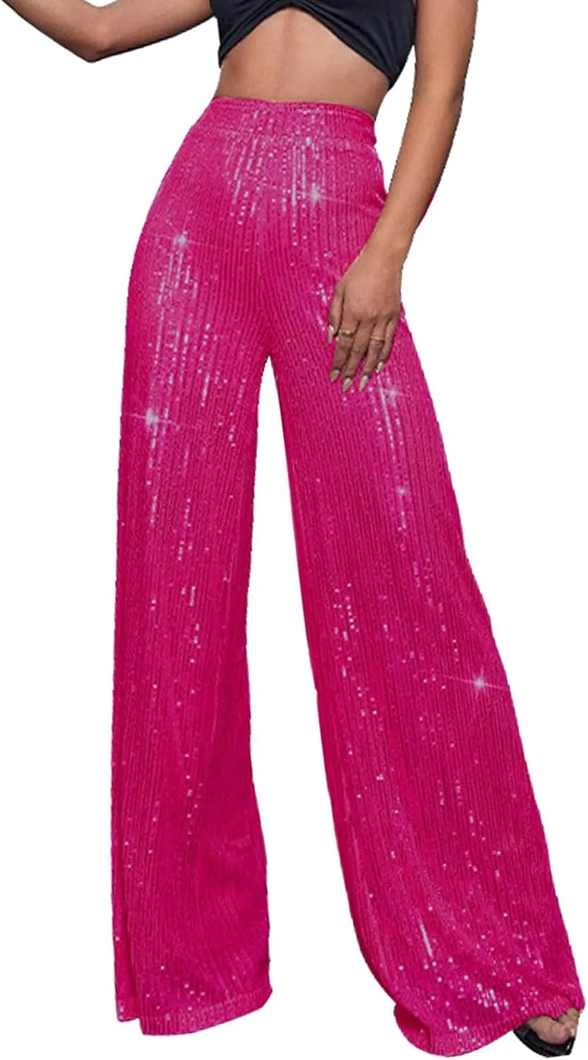 Women's Sequin Wide Leg Pants Party Club Trouser Bling Legging Women Holiday Clubwear Bling Glitter Trousers Pants