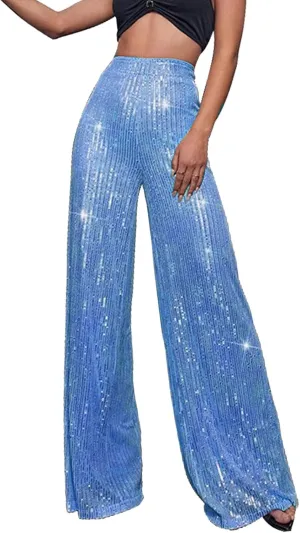Women's Sequin Wide Leg Pants Party Club Trouser Bling Legging Women Holiday Clubwear Bling Glitter Trousers Pants
