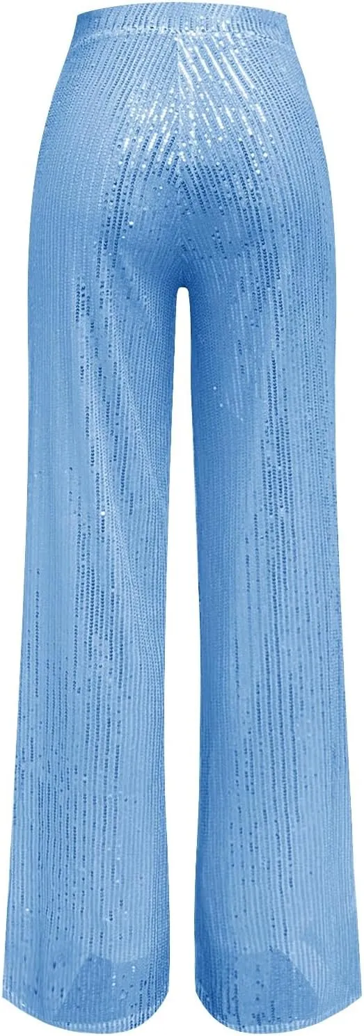 Women's Sequin Wide Leg Pants Party Club Trouser Bling Legging Women Holiday Clubwear Bling Glitter Trousers Pants