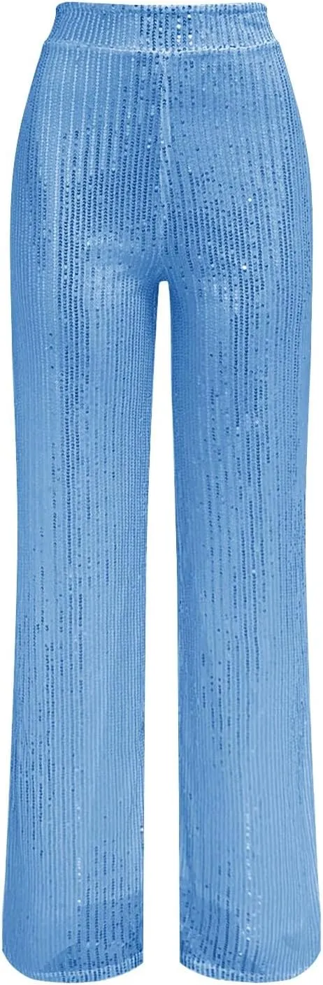 Women's Sequin Wide Leg Pants Party Club Trouser Bling Legging Women Holiday Clubwear Bling Glitter Trousers Pants