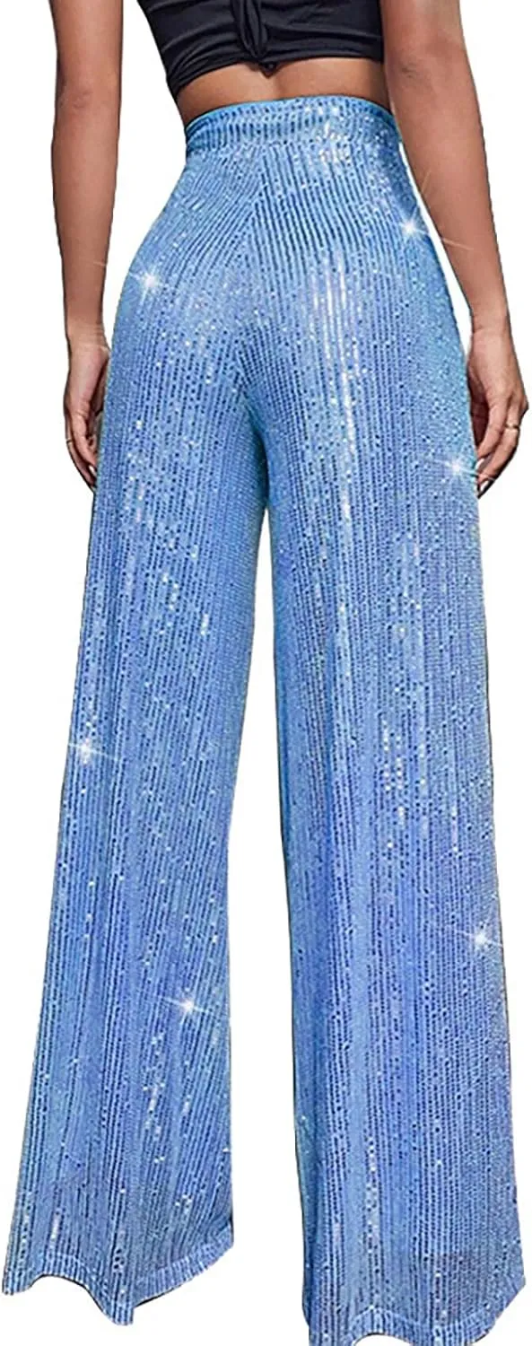 Women's Sequin Wide Leg Pants Party Club Trouser Bling Legging Women Holiday Clubwear Bling Glitter Trousers Pants
