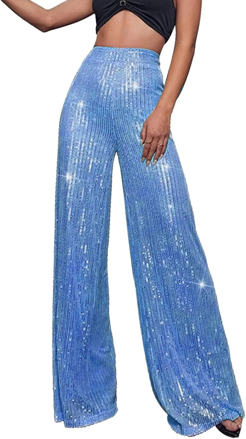 Women's Sequin Wide Leg Pants Party Club Trouser Bling Legging Women Holiday Clubwear Bling Glitter Trousers Pants