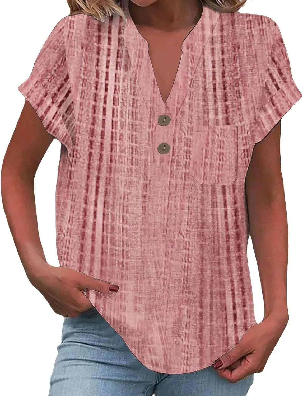 Womens Shirts Dressy Casual Short Sleeve Summer Tops Spring V Neck Button Down Pleated Ladies Tunic Blouses