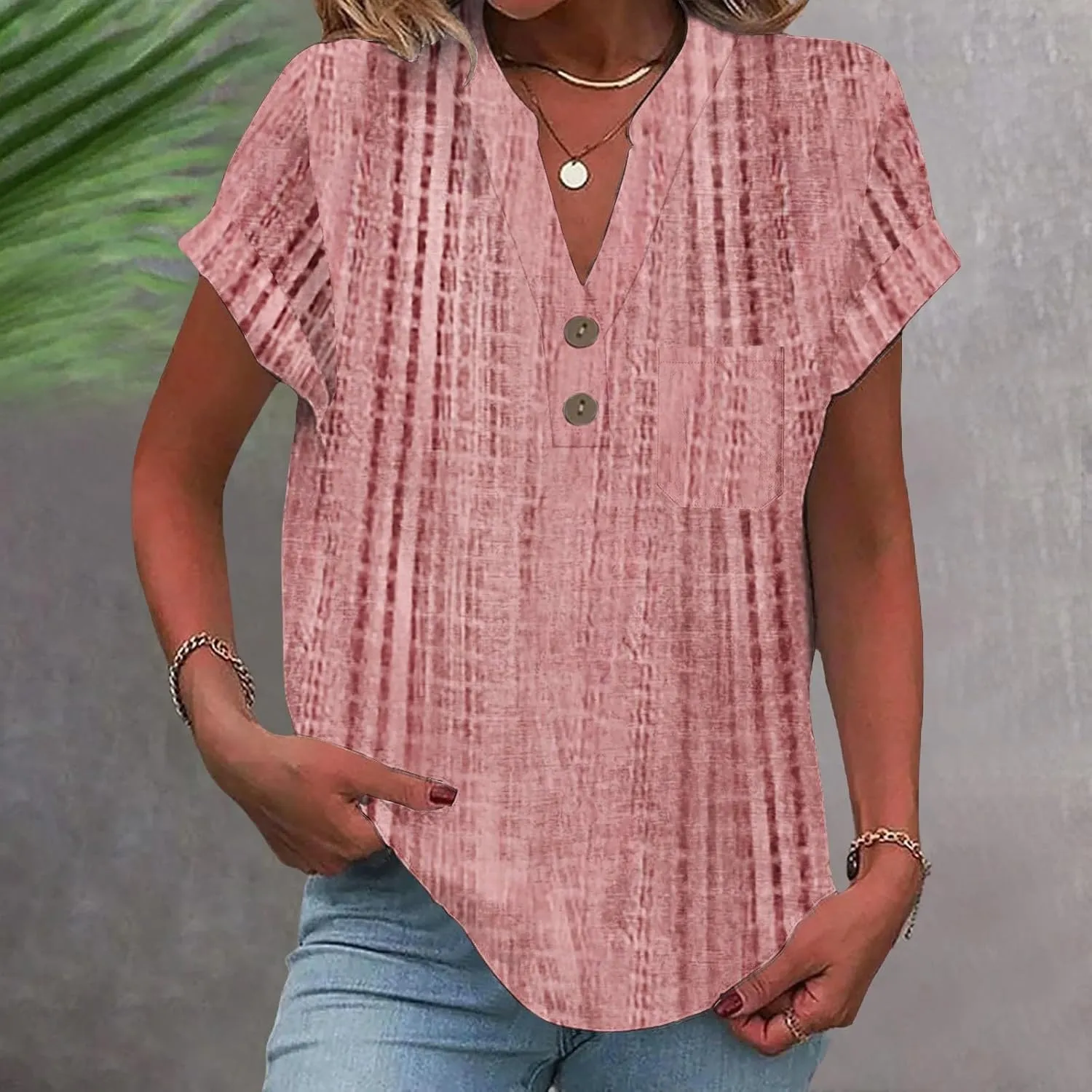 Womens Shirts Dressy Casual Short Sleeve Summer Tops Spring V Neck Button Down Pleated Ladies Tunic Blouses
