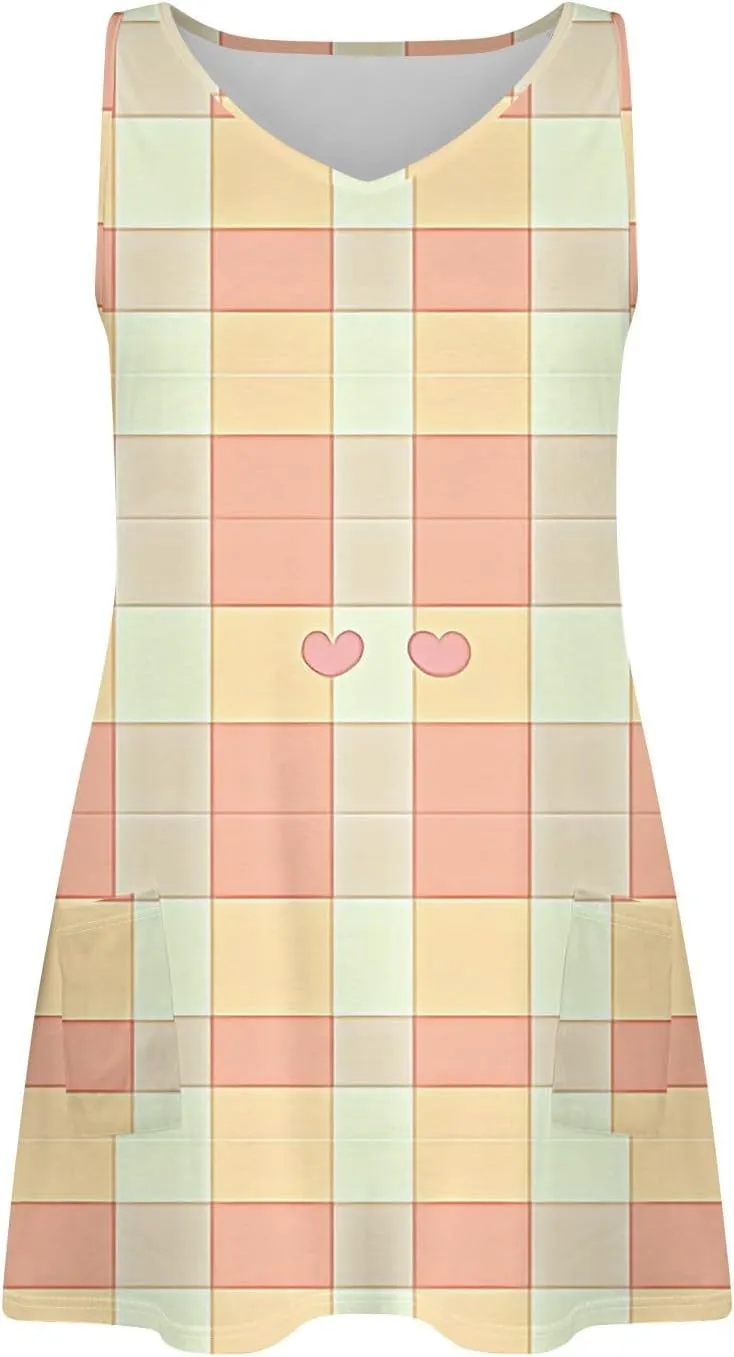 Women's Sleeveless Summer Dress Casual Plaid Pattern, Lightweight Fabric, V-Neck, Knee-Length, Perfect for Daily Wear
