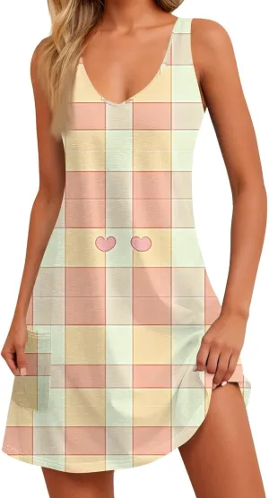 Women's Sleeveless Summer Dress Casual Plaid Pattern, Lightweight Fabric, V-Neck, Knee-Length, Perfect for Daily Wear