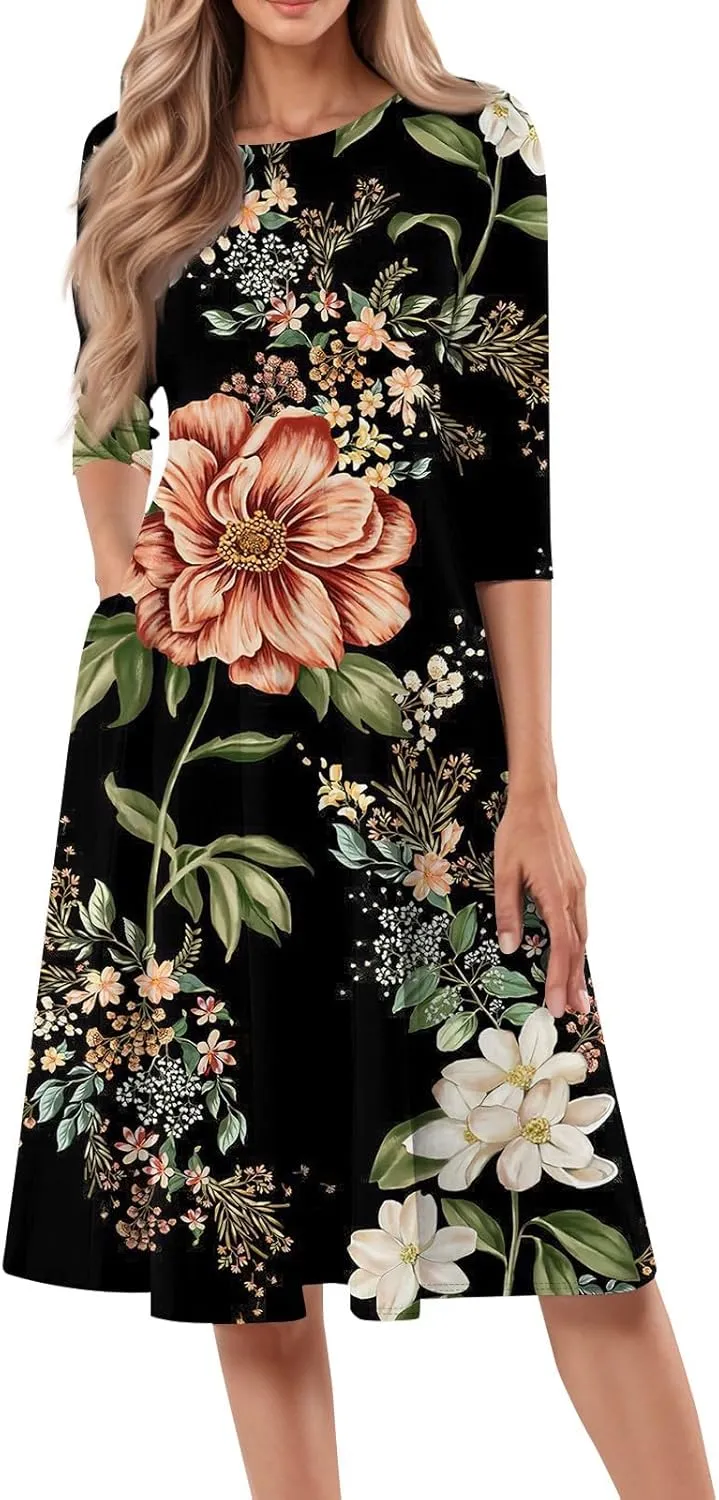 Women's Summer Casual Loose Trendy Crew Neck 3/4 Sleeve Floral Stripe Printed Boho Dress 2025 Plus Size, S-3XL