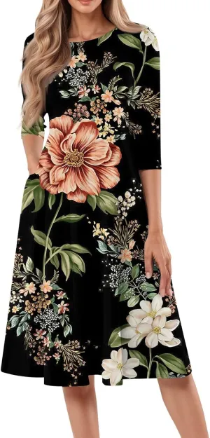 Women's Summer Casual Loose Trendy Crew Neck 3/4 Sleeve Floral Stripe Printed Boho Dress 2025 Plus Size, S-3XL