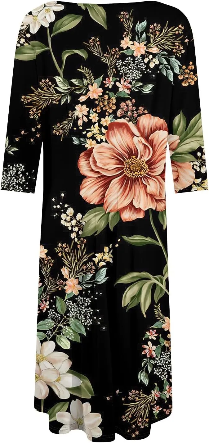 Women's Summer Casual Loose Trendy Crew Neck 3/4 Sleeve Floral Stripe Printed Boho Dress 2025 Plus Size, S-3XL