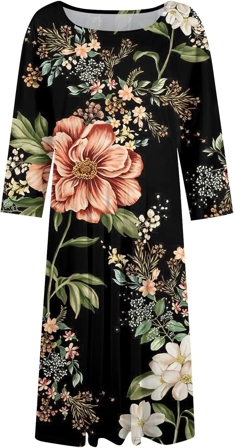 Women's Summer Casual Loose Trendy Crew Neck 3/4 Sleeve Floral Stripe Printed Boho Dress 2025 Plus Size, S-3XL