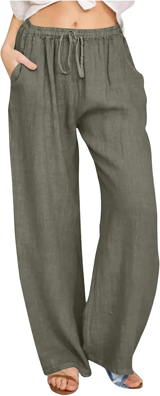 Womens Summer Cotton Linen Pants High Waist Drawstring Wide Leg Palazzo Pant 2025 Lightweight Comfy Lounge Trousers