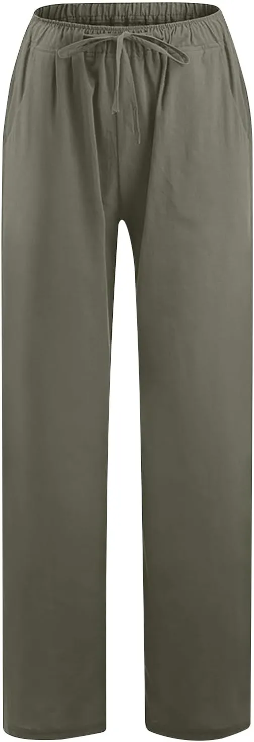 Womens Summer Cotton Linen Pants High Waist Drawstring Wide Leg Palazzo Pant 2025 Lightweight Comfy Lounge Trousers