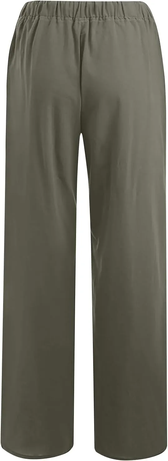 Womens Summer Cotton Linen Pants High Waist Drawstring Wide Leg Palazzo Pant 2025 Lightweight Comfy Lounge Trousers