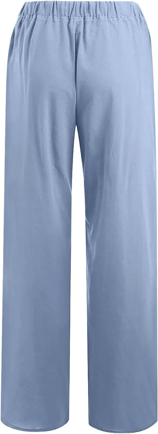 Womens Summer Cotton Linen Pants High Waist Drawstring Wide Leg Palazzo Pant 2025 Lightweight Comfy Lounge Trousers