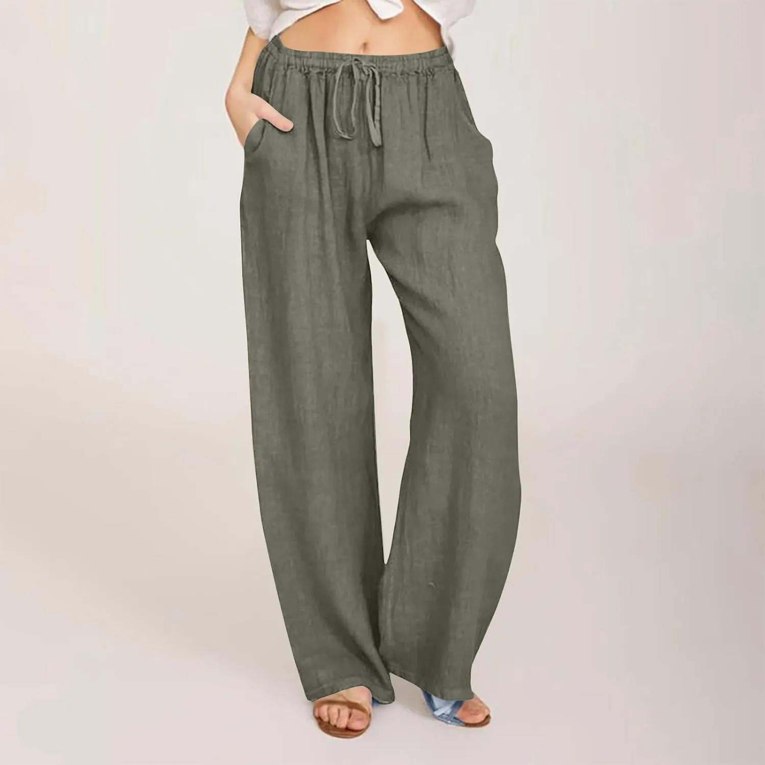 Womens Summer Cotton Linen Pants High Waist Drawstring Wide Leg Palazzo Pant 2025 Lightweight Comfy Lounge Trousers