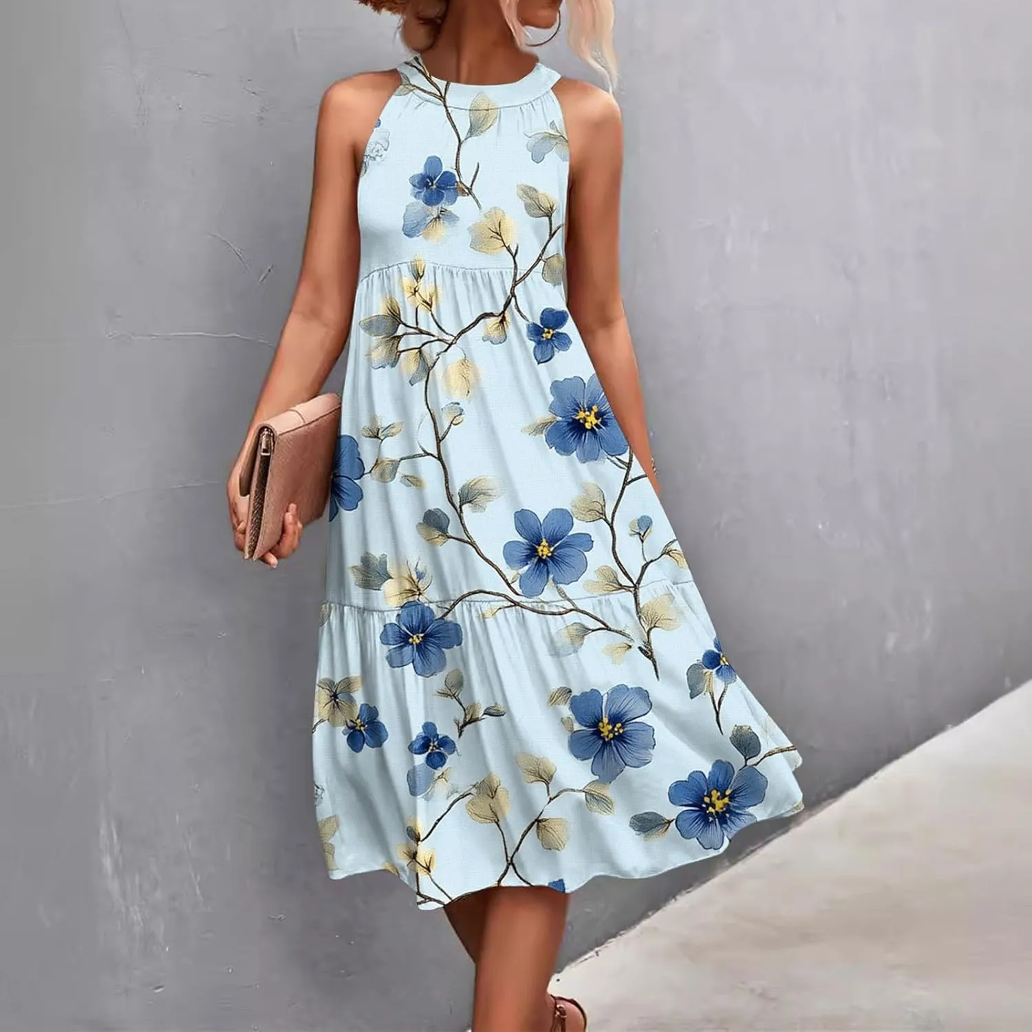 Womens Summer Dress 2025 Sleeveless Halter Neck Boho Floral Printed Sundress Beach Vacation Party Dresses