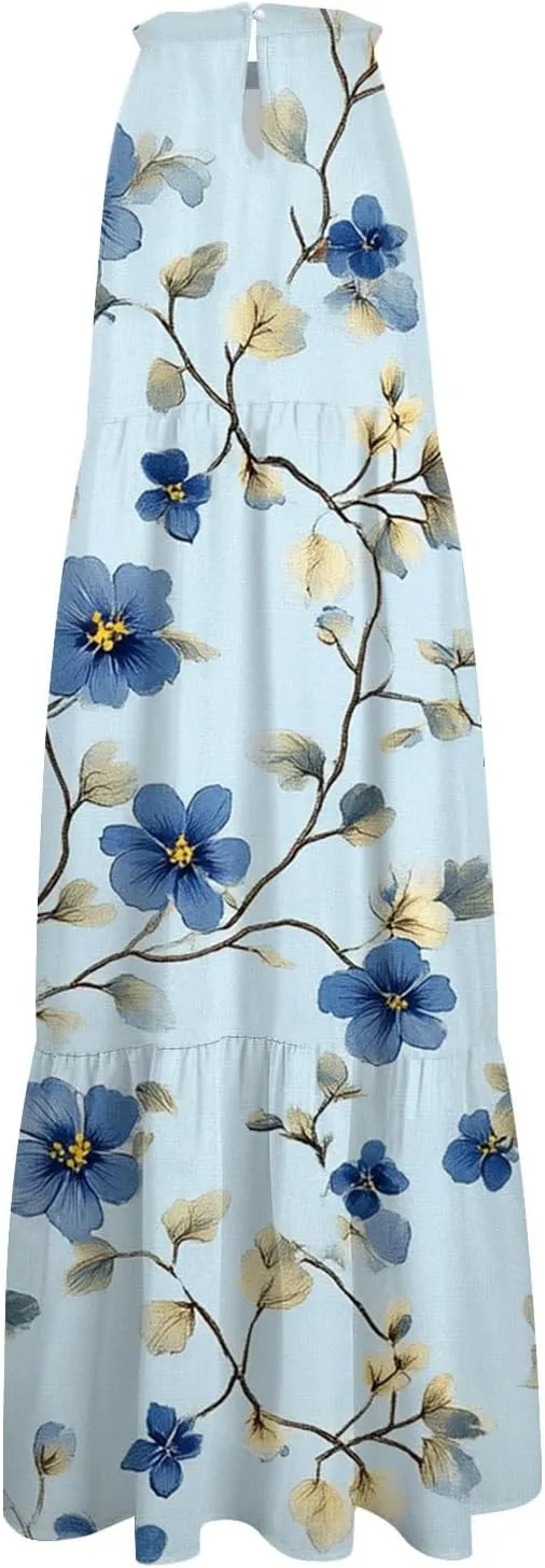 Womens Summer Dress 2025 Sleeveless Halter Neck Boho Floral Printed Sundress Beach Vacation Party Dresses