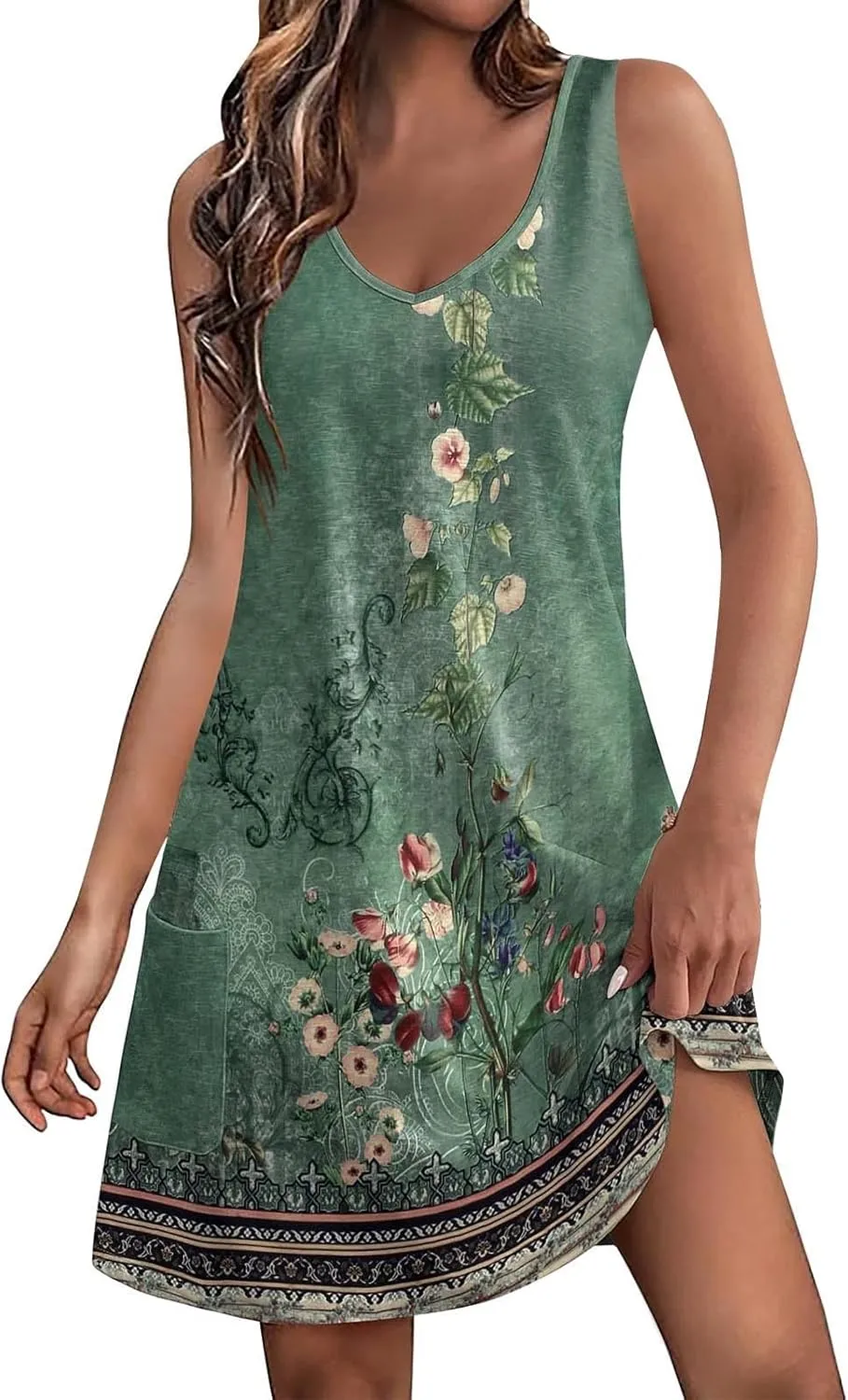 Women's Summer Dresses 2024 Beach Casual Sleeveless Floral Print Boho Tank Dress V Neck Loose Sundress with Pocket