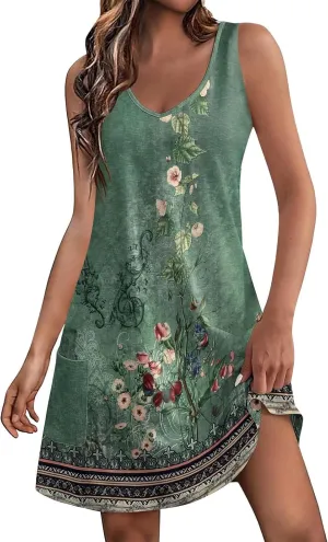 Women's Summer Dresses 2024 Beach Casual Sleeveless Floral Print Boho Tank Dress V Neck Loose Sundress with Pocket