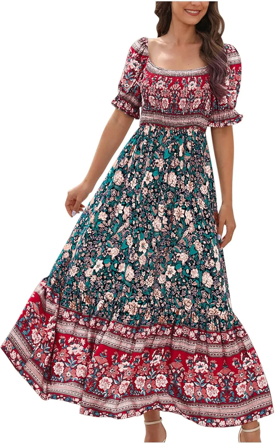 Womens Summer Dresses 2025 Boho Floral Print Short Sleeve Empire Waist Beach Midi Dress Square Neck A Line Flowy Dress