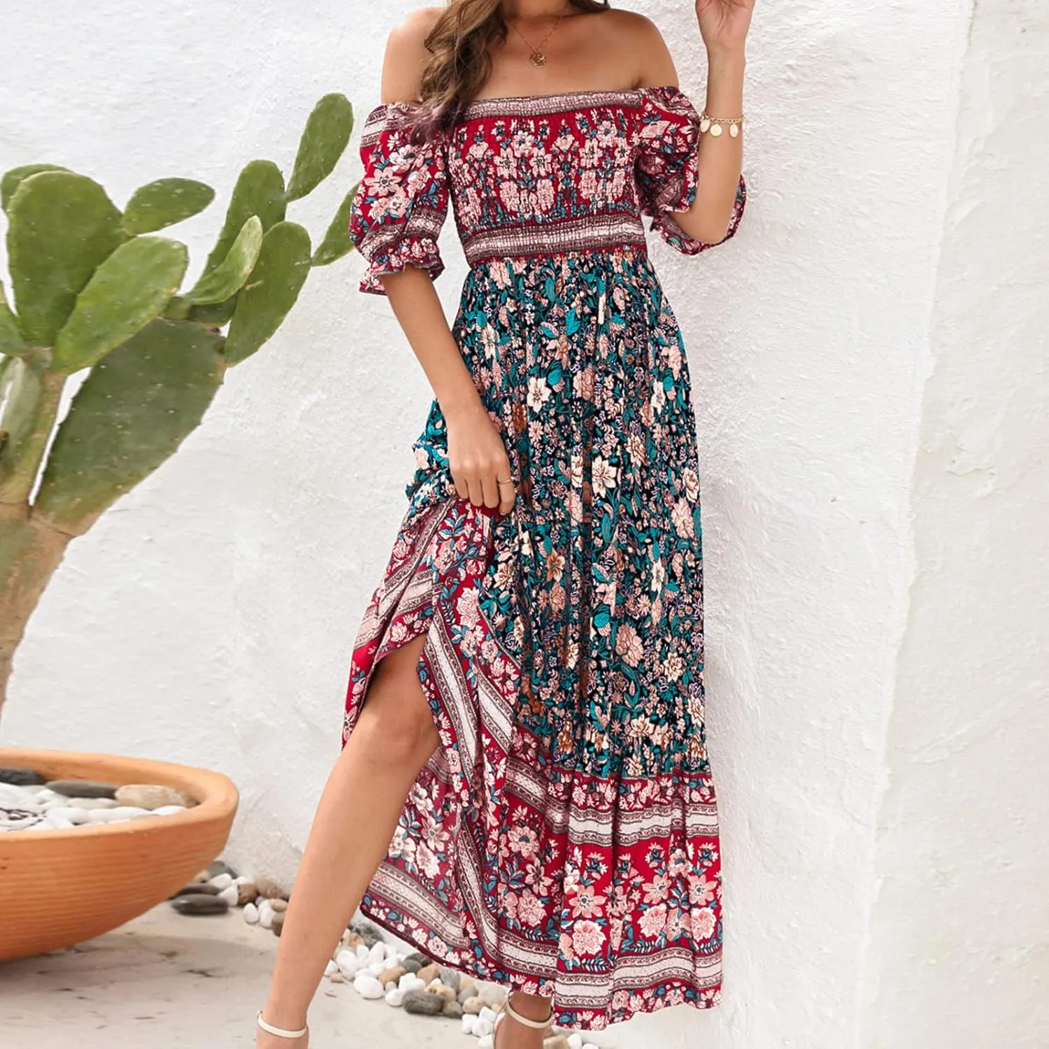 Womens Summer Dresses 2025 Boho Floral Print Short Sleeve Empire Waist Beach Midi Dress Square Neck A Line Flowy Dress