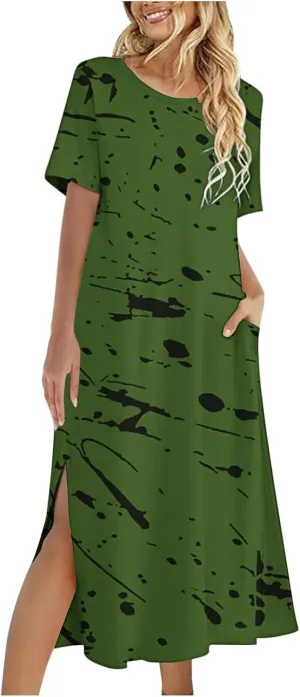 Womens Summer Dresses Casual Boho Floral Print Short Sleeve Midi Sundress Loose Fit Fashion Dress with Pockets