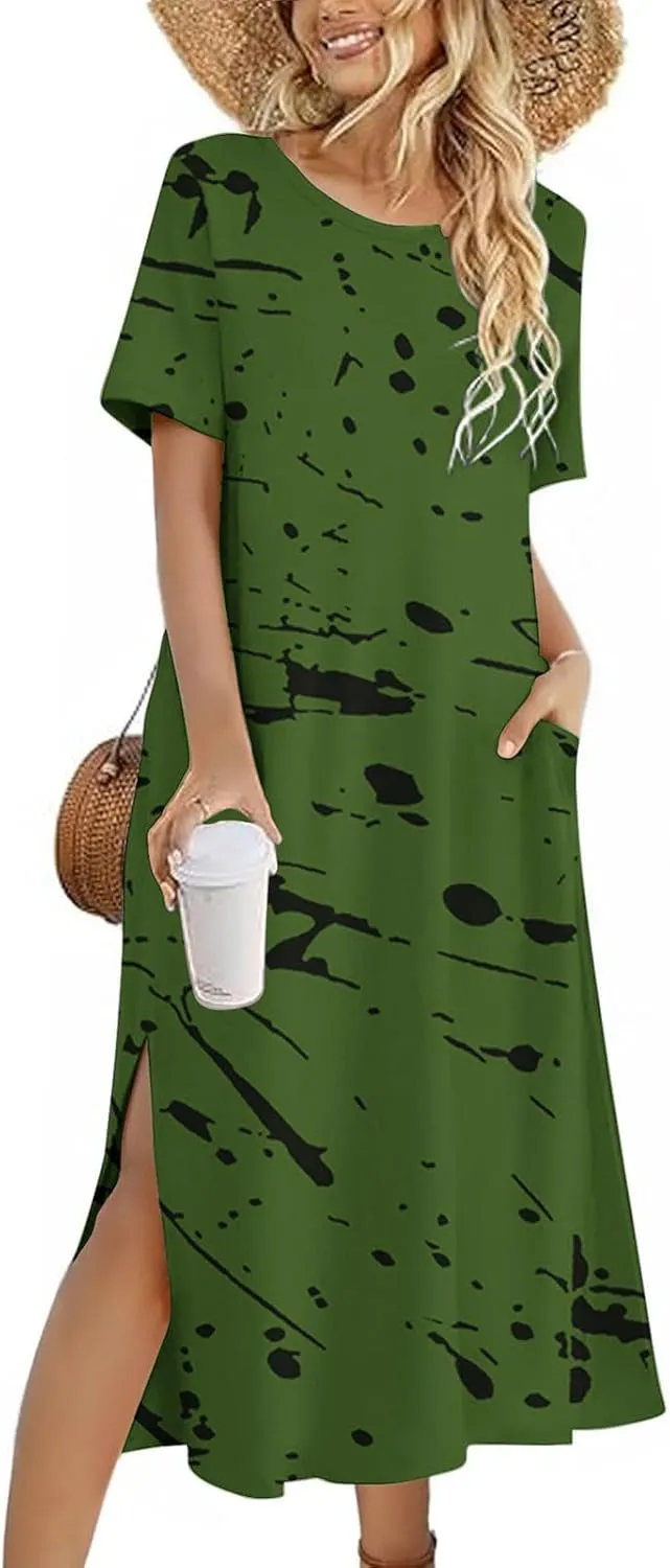 Womens Summer Dresses Casual Boho Floral Print Short Sleeve Midi Sundress Loose Fit Fashion Dress with Pockets