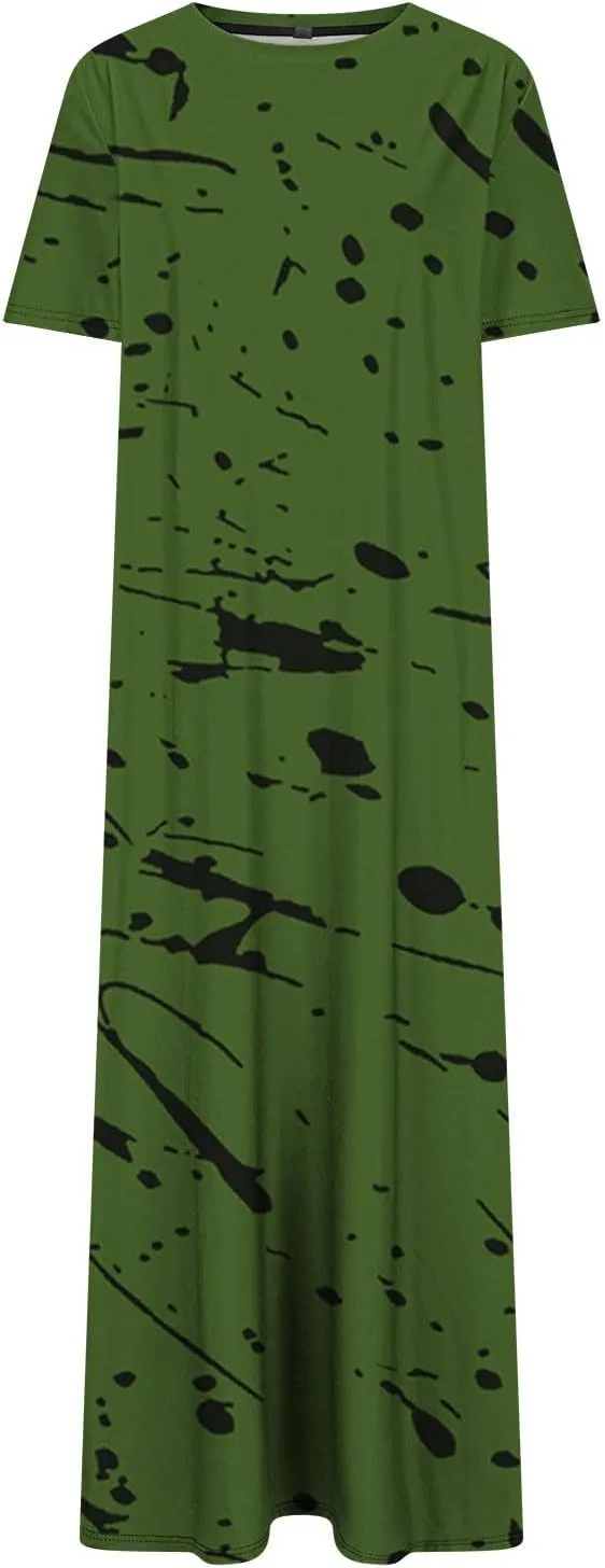 Womens Summer Dresses Casual Boho Floral Print Short Sleeve Midi Sundress Loose Fit Fashion Dress with Pockets