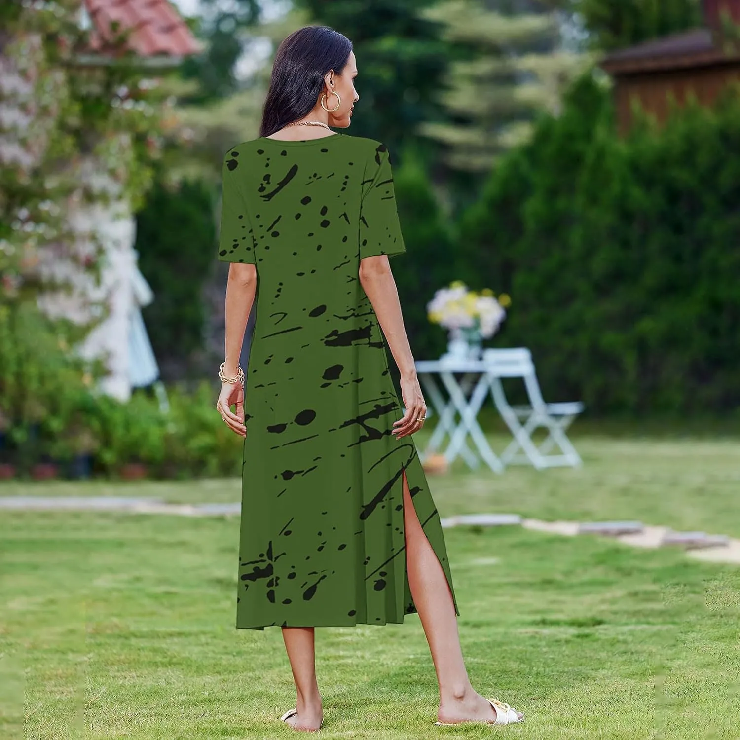 Womens Summer Dresses Casual Boho Floral Print Short Sleeve Midi Sundress Loose Fit Fashion Dress with Pockets