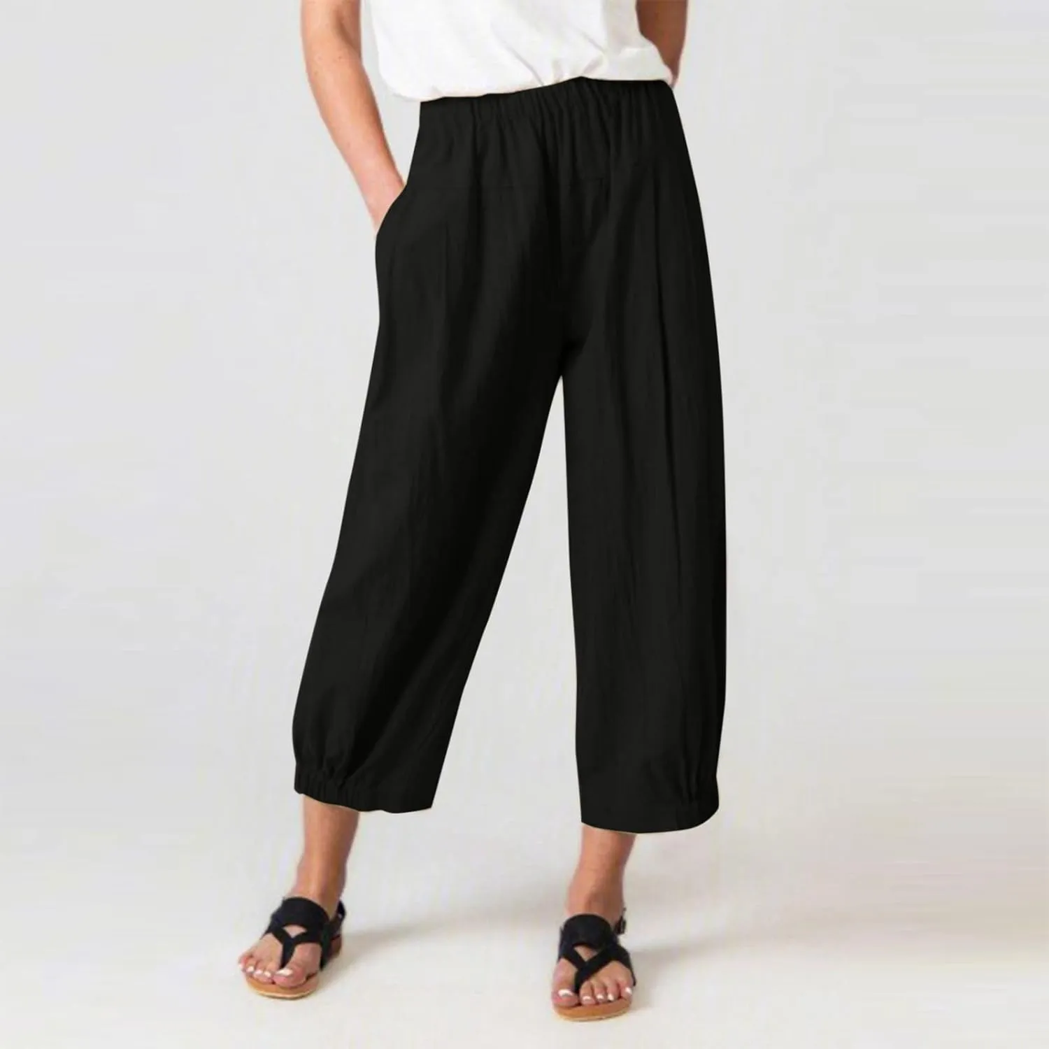 Womens Summer Harem Capri Pants Elastic Waist Casual Business Loose Work Slacks Lounge Cropped Trousers with Pockets