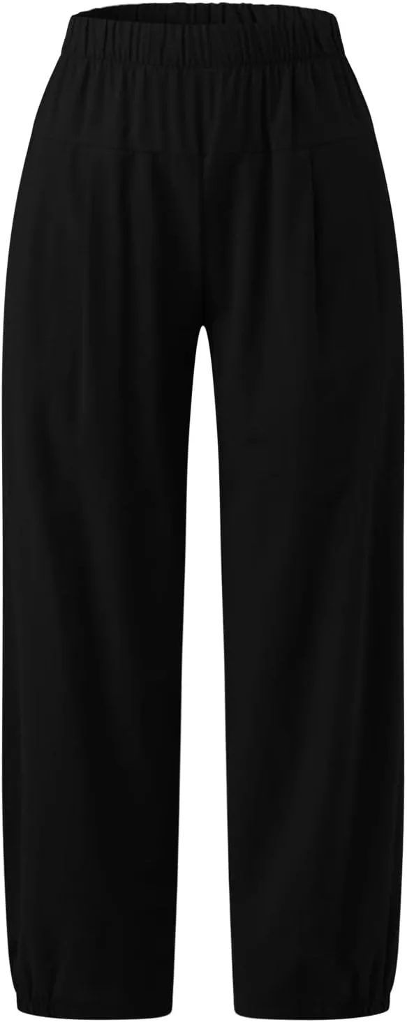 Womens Summer Harem Capri Pants Elastic Waist Casual Business Loose Work Slacks Lounge Cropped Trousers with Pockets